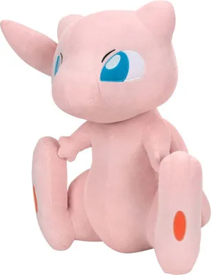 A plush toy of the Pokémon character Mew is sitting on a white background.