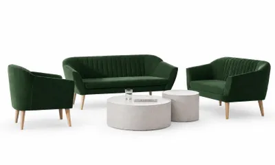 Produktbild von Sofello KAYA Samt Wohnzimmerset – 3-Sitzer + 2-Sitzer + Sessel | Grün Velvet | Skandinavisches Design | Holzfüße Couchgarnituren