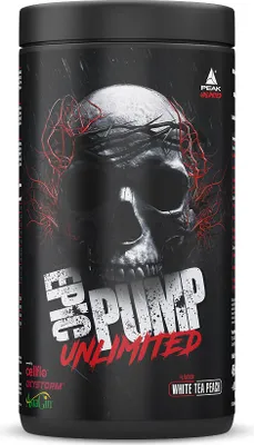 A black container of a dietary supplement with a skull graphic and product branding.