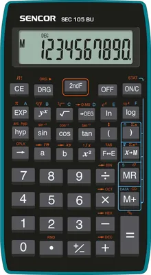 Obrázek produktu pro SENCOR SEC 105 BU Školní kalkulačka, 56 vědeckých funkcí, 10 místný LCD displej, goniometrické a hyperbolické, logaritmické a exponenciální funkce, mocniny a odmocniny, nasouvací kryt