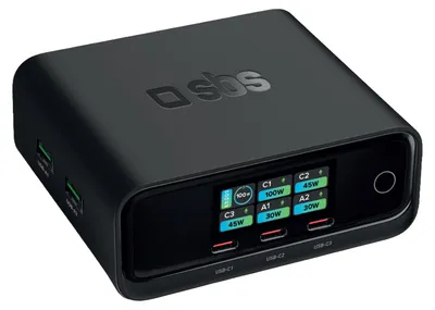 Produktbild von SBS 100W Power Delivery Tischladestation Mit TFT-Display, 3 USB-C- Und 2 USB-A-Anschlüssen, Ideal Für Laptops