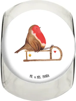 Produktbild von Mr. & Mrs. Panda Naschglas Rotkehlchen Schlitten L 870ml - Weiß - Geschenk, Weihnachten, keksdose glas, Bonboniere, Vogel, Vorratsglas, Teedose, glasbehälter, Vorratsdose