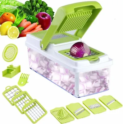 Produktbild von Gemüseschneider, Mandolinenschneider, All-in-1-Multischneider mit 9 Klingen, Käsereibe, Zwiebel- & Kartoffelwürfelschneider mit Behälter, Salatspiralschneider
