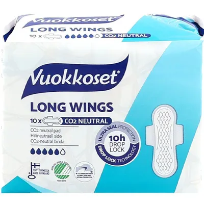 Produktbild von Vuokkoset White Binden LONG WINGS 10 Stk. | 1,5 mm Dünn, Super Saugfähig, Für Obfite Tage & Nacht | Chlorfrei, Hypoallergen
