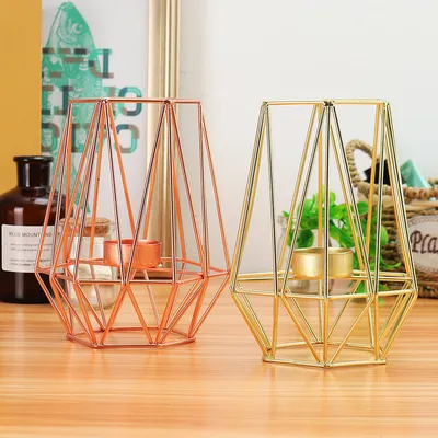 Productafbeelding van Geometrische kandelaar, metaal, ijzer, kaarshouder, bruiloft, decoratie voor thuis, Scandinavische stijl - goud