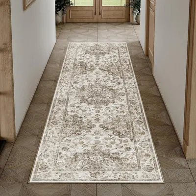 Productafbeelding van Loopmat, bruin, 60x240 cm, wasbaar, vintage stijl