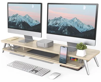 Zdjęcie produktu dla Stojak na monitor z drewna dębowego, 108 cm, z wbudowanym systemem zarządzania kablami i półkami