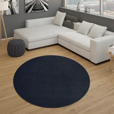 Produktbild von Teppich Wohnzimmer Kurzflor Schlafzimmer Modernes Einfarbiges Muster Dunkel Blau Grösse 160 cm Rund