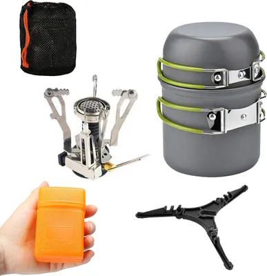 Produktbild von Camping Kochgeschirr Set mit 3000W Camping Herd Kochtoepfe Pfannen Tankhalterung fuer Picknick im Freien Camping Wanderwandern