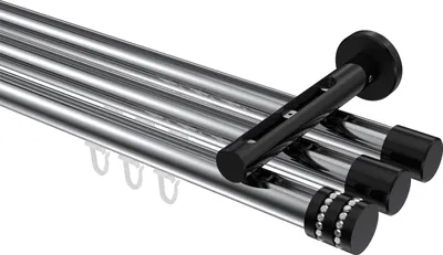 Produktbild von Interdeco Innenlaufstange / Gardinenstange mit Innenlauf Chrom / Schwarz, Typ Siteno Estana (Glitzerkappe), 20 mm Ø 3-läufig, 320 cm