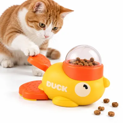 Produktbild von Leckerli-Ente Futterspielzeug für Hunde & Katzen – interaktiver Snackspender mit Hebel & transparentem Futterbehälter – Gelb