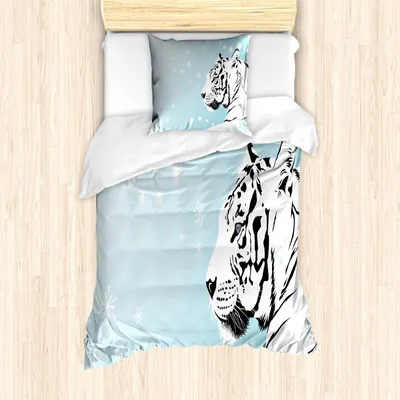 Obrázok produktu pre ABAKUHAUS Sada obliečok Tiger, biela bengálska šelma ležiaca na zasneženom pozadí – krásne oči – majestátna príroda, 135 x 200 cm + 80 x 80 cm, tyrkysová čierna