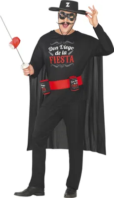 Produktbild von Bandit Bierkämpfer Junggesellenabschied Kostüm Maskerade Musketier Feier Held Fantasie Heldenspezialist Schwarzer Umhang Rotes Band Maskenkönig Mutige Feierlichkeit, Größe: 48 - 50 (M) Farbe: Schwarz