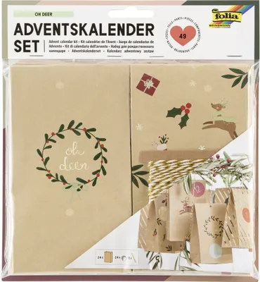 A Christmas advent calendar kit with various decorative elements and small bags.