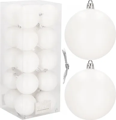 A package of white Christmas ornaments and two individual ornaments.