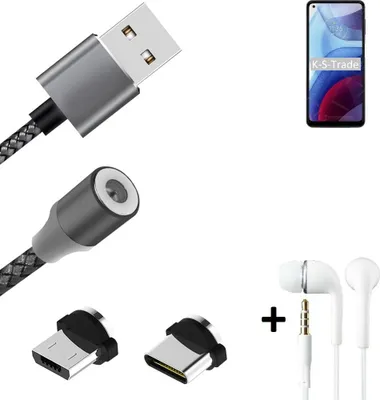 Produktbild von K-S-Trade® Hochwertiges Magnet-Lade-kabel Sync-Kabel Daten-Kabel + Kopfhörer kompatibel mit Motorola Moto G Power (2021) mit USB-Typ-C-Anschluss und
