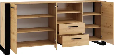 An open sideboard or cabinet with wooden doors and shelves, set against a white background.