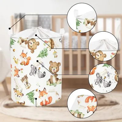 Produktbild von 45L Niedliche Tier Bär Fuchs Kinder Wäschekorb - Hirsch Eichhörnchen - Kiefer Runde Spielzeug Kleider Aufbewahrungskorb für Schlafzimmer - 36x45 cm weiß