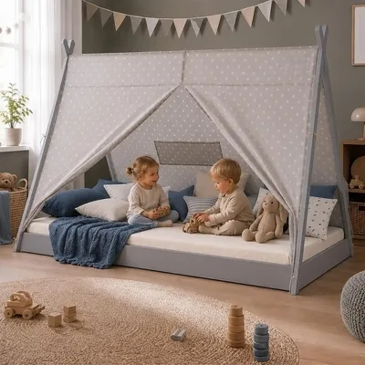 Produktbild von Homestyle4u Kinderbett 90x200 mit Matratze mit  Standard 100 mit Lattenrost Tipi Holzbett Hausbett