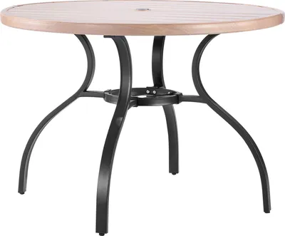 Zdjęcie produktu dla Okrągły stół tarasowy SucceBuy wykonany ze stali węglowej (1035 x 720 mm) do obszarów zewnętrznych, takich jak dziedzińce, ogrody, werandy i patia. Wodoodporny, z otworem na parasol i słojami drewna, nośność do 68 kg.