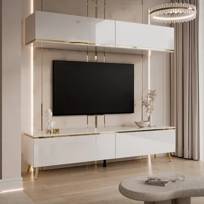 Produktbild von AURORA hängende Wohnwand weiß hochglanz mit schräge gold Chrom Beine