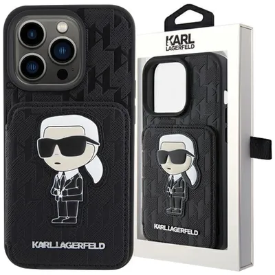 Produktbild von Karl Lagerfeld KLHCP15LSAKKNSCK iPhone 15 Pro 6.1" schwarz hardcase Saffiano Cardslots and Stand Monogram Ikonik Patch Schutzhülle
