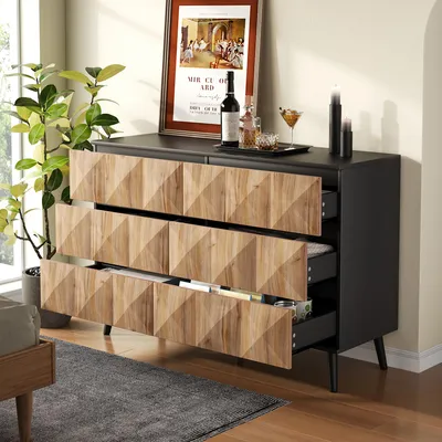 Produktbild von okwish Kommode Beistellschrank mit Metallakzenten,Sideboard mit verdeckte Griffe,Aufbewahrungsschrank mit Sechs Schubladen,Schwarz,Natur