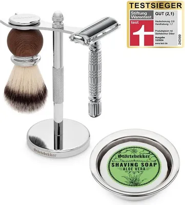 Produktbild von Störtebekker® Rasierständer Set - mit Rasierhobel, Rasierpinsel, Rasierschale und Rasierseife (Aloe Vera) - Rasierset / Bartpflege Set -Geschenkidee