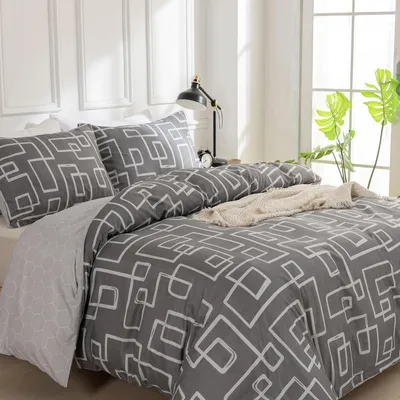 Immagine prodotto di Set di lenzuola in microfibra, composto da 3 pezzi: lenzuolo matrimoniale (240x220 cm) con motivo a quadretti, grigio, e 2 federe (50x75 cm) con chiusura a zip