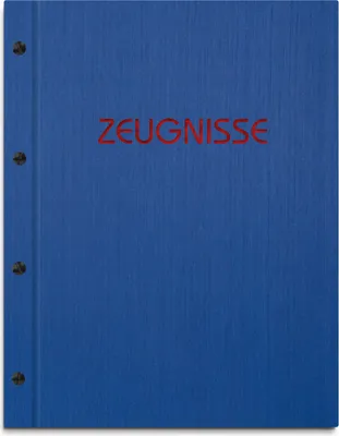 Produktbild von Zeugnismappe im blauen Einband in Leinenoptik, mit hochwertigem Prägedruck in rot – handgefertigte Mappe inkl. 12 Sichthüllen
