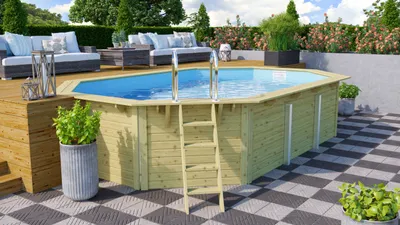 Produktbild von CHILLROI | Achteckiger Massivholz Pool länglich, 358 x 569 x 124 cm, Modell 4 | Inkl. Zubehör und Pool Leitern