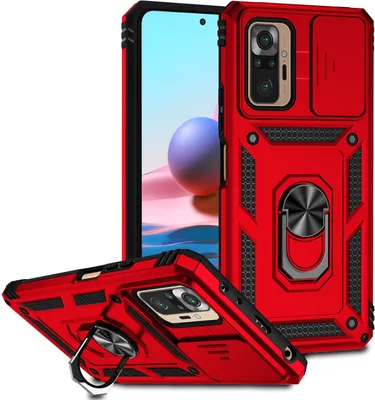 Image de Étui pour Xiaomi Redmi Note 10 Pro/10 Pro Max étui double couche avec couvercle coulissant pour appareil photo et anneau de support rouge