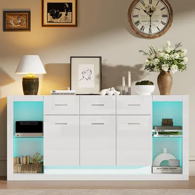 Produktbild von Sideboard mit LED-Lichtleiste und 3 Schubladen Aufbewahrungsschrank Wohnzimmerschrank 160*40*75cm Weiß