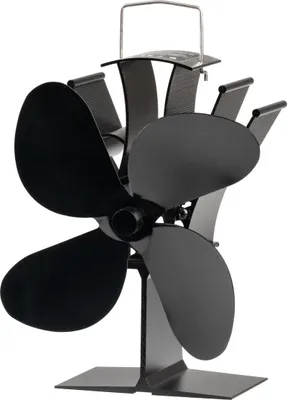 A black, four-bladed stove fan with a metal handle, shown against a white background.