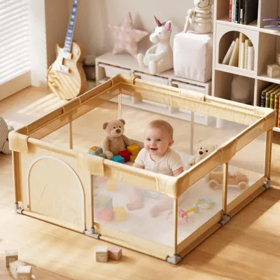 Produktbild von Koonmi Laufstall Baby 150x150 cm Faltbarer Laufgitter mit – für Babys & Kleinkinder, zusammenklappbarer Spielkäfig für Innen und Außen – Beige Gelb