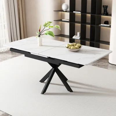 Produktbild von Erweiterbarer Esstisch, automatisch ausziehbarer Esstisch, Kaffee-Freizeittisch, Kreuzbein-Design, Marmorstruktur, Schwarz und Weiß