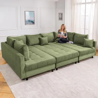 Produktbild von riess-ambiente Moderne XXL Wohnlandschaft KENT 305cm grün Cord Bigsofa inkl. Hocker Federkern