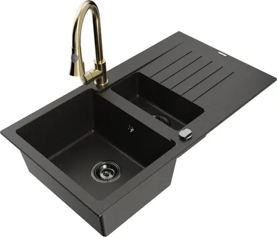 Produktbild von Mexen Matias 1,5-Becken-Granitspüle mit Abtropffläche und Mischbatterie Elia, Schwarz/Gold metallisch - 6502-75-670101-50-B
