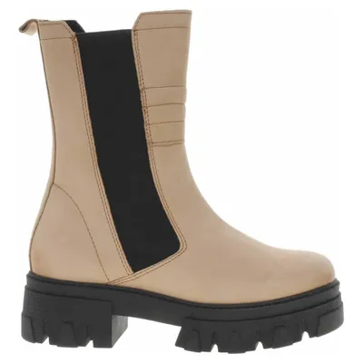 A single beige Chelsea boot with a black elasticated side panel and a thick black lug sole, shown from the side against a white background.