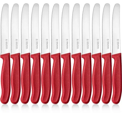 Obrázek produktu pro Sada 12 nožů na snídani, s vroubkovanou čepelí, červená, nerezová ocel, 11 cm čepel, plastová rukojeť, vhodné do myčky