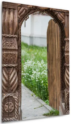 Produktbild von Wallario Premium Leinwandbild Offene alte Pforte mit Schnitzereien aus Holz in Größe 60 x 90 cm
