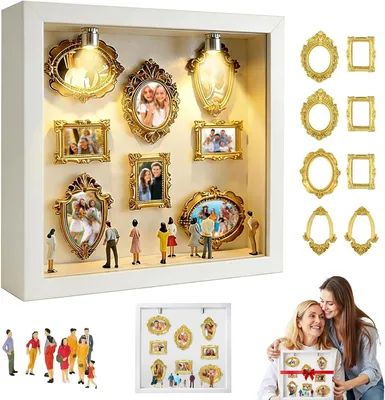 Produktbild von Mini Museum Schattendose mit 8 goldenen Mini-Fotorahmen, 8 Figuren, weiß, für Erinnerungen