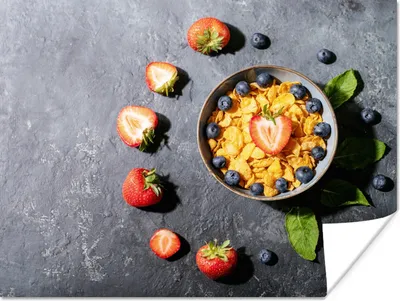 Produktbild von MuchoWow® Poster Erdbeere - Cornflakes - Beeren - Kräuter 120x90 cm - Wandbild