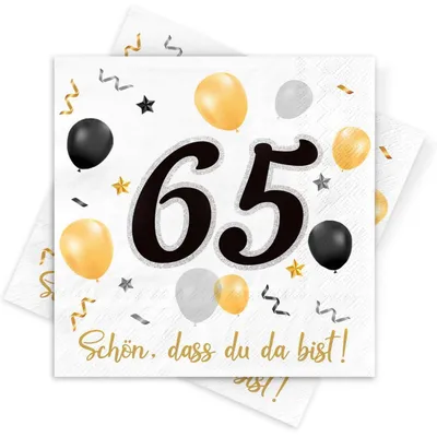 Productafbeelding van Servetten voor een 65e verjaardag, 30 stuks, zwart-goud, 3-laags, papieren servetten, tafeldecoratie
