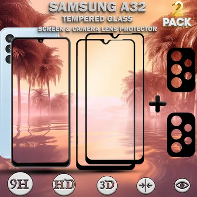 Obrázek produktu pro 2 balení ochranného krytu obrazovky Samsung Galaxy A32 a 2 balení ochranného krytu objektivu z tvrzeného skla 9H