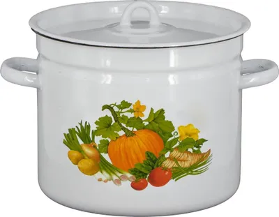 A white enamel pot with a lid, decorated with a colorful illustration of vegetables and a pumpkin.