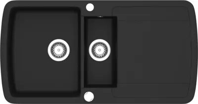 A top-down view of a black double kitchen sink with silver drains.
