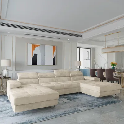 Produktbild von Masseno Ecksofa LYKKE mit Schlaffunktion U-Form, Sofa mit Bettkasten, Wohnzimmersofa, Couch, Soffa, Bettsofa, Couchgarnitur- Creme, MONOLITH 04