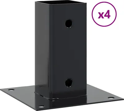 A black metal post base with a square upright section and a flat square base plate with mounting holes. The product is shown against a white background.