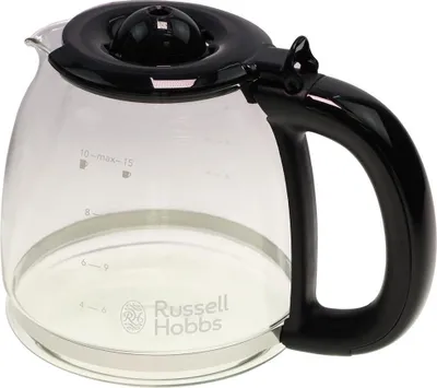 A clear glass coffee pot with a black handle and lid, with measurement markings visible on the side.
